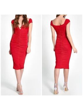 MISSGUIDED Plunge V-neck Ruched Bodycon Slinky Midi Red Dress